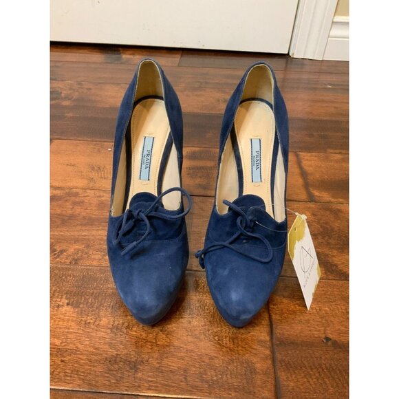Prada Blue Suede Calzature Donna Lace-Up Platform Heels, Sz 7.5 (US) 37.5 (EU) - Picture 2 of 9